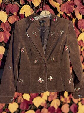 Grace Elements Vintage Style Choc Brown Blazer w/Embroidered Floral Accents Sz 6